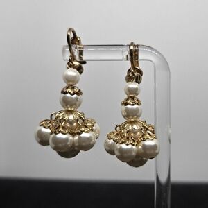 Elegant Gold and Pearl Clip On Drop Earrings